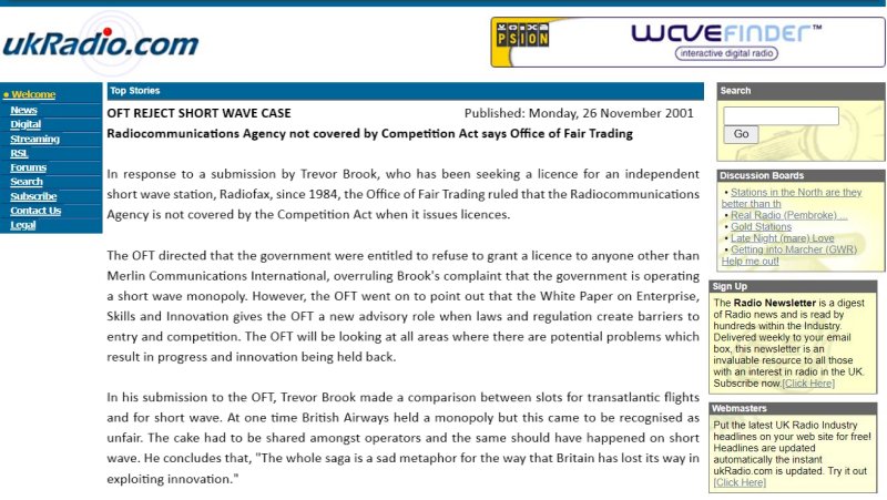 UK Radio news story Radiocommunications Agency not covered by monopoly legislation